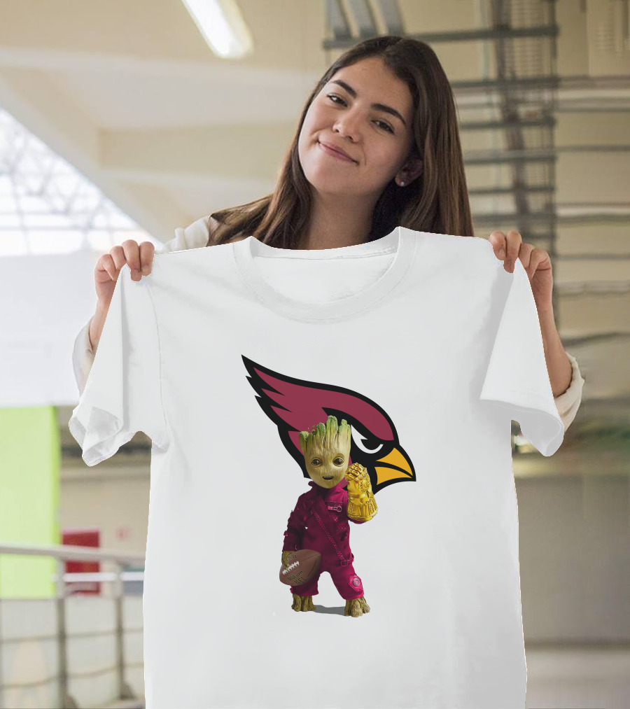 Arizona Cardinals Groot Holding Football And Infinity Gauntlet T-Shirt