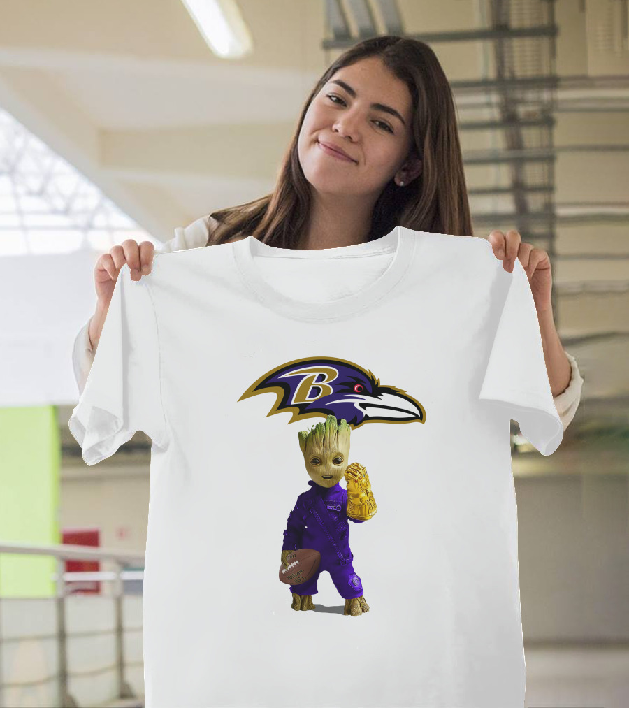 Baltimore Ravens Groot Holding Football and Infinity Gauntlet T-Shirt