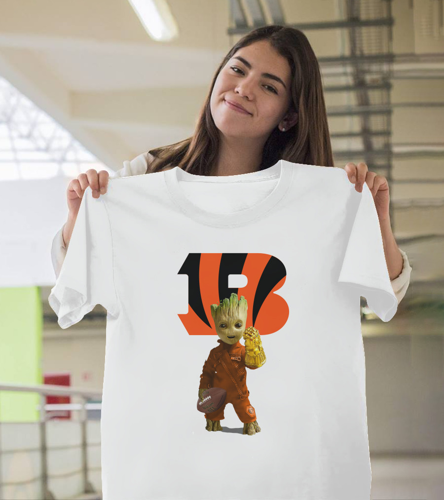 Cincinnati Bengals Groot Holding Football with Infinity Gauntlet T-Shirt