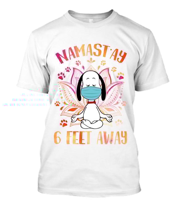Namastay 6 Feet Away Masked Meditating Dog With Mandala And Paw Prints T-Shirt