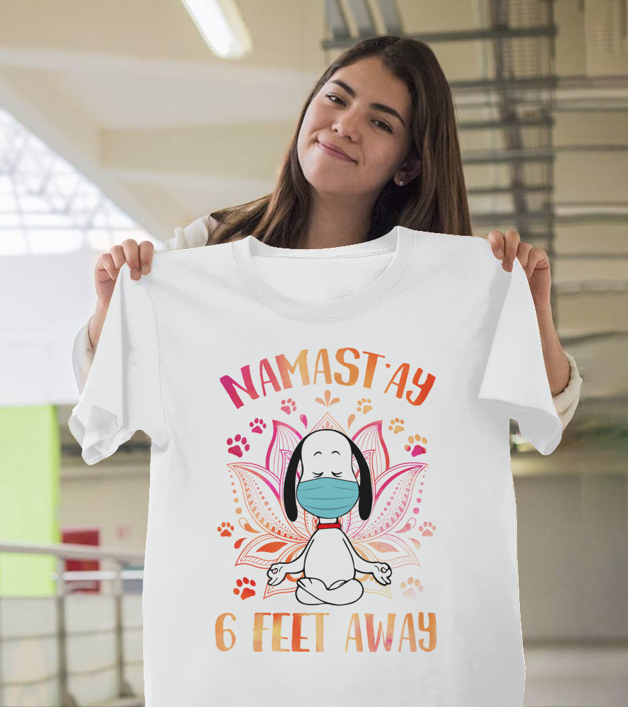 Namastay 6 Feet Away Masked Meditating Dog with Mandala and Paw Prints T-Shirt