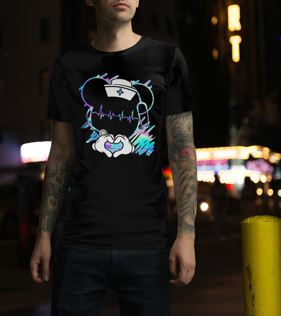 Nurse Disney Mickey Nurse Heartbeat Holographic T-Shirt