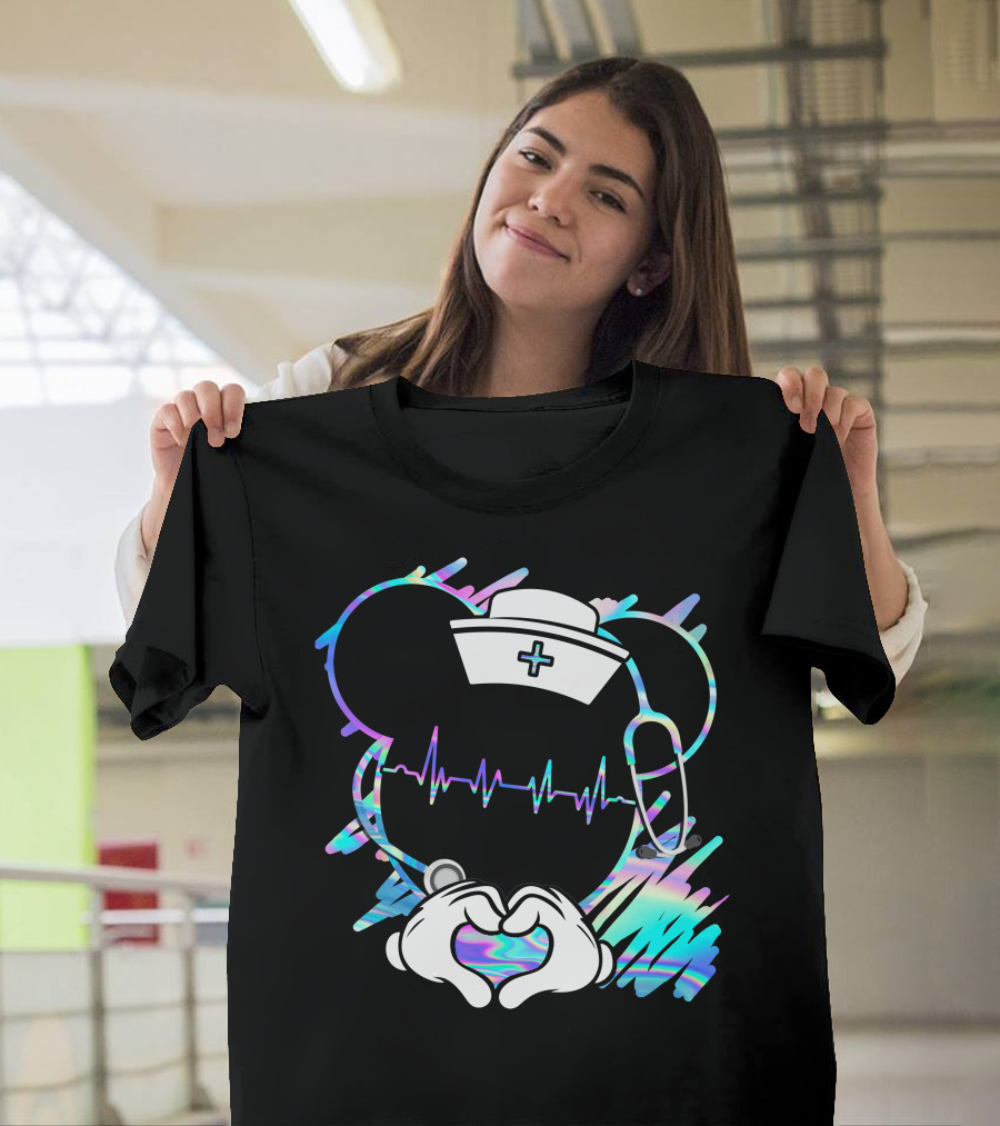 Nurse Disney Mickey Nurse Heartbeat Holographic T-Shirt