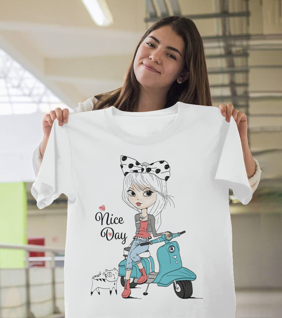 Nice Day Scooter Girl with Polka Dot Bow and Cute Cat T-Shirt