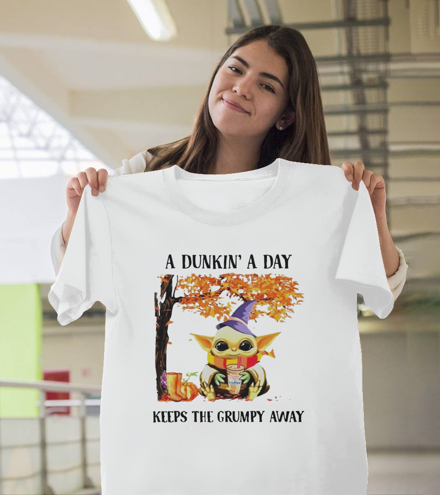 A Dunkin' A Day Keeps The Grumpy Away Baby Yoda Autumn Halloween T-Shirt