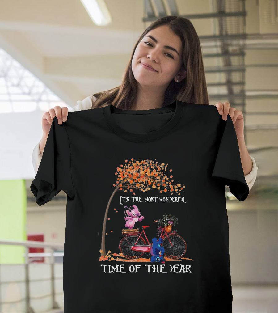 It's The Most Wonderful Time Of The Year Stitch On Bicycle With Fall Tree T-Shirt