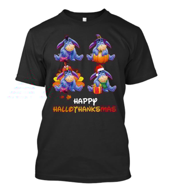 Eeyore Happy Hallothanksmas With Festive Seasonal Teal Accents T-Shirt