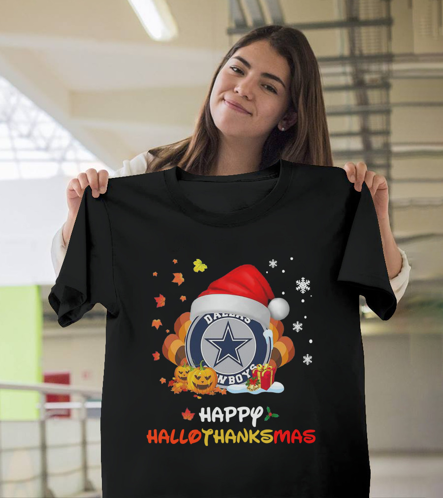 Happy Hallothanksmas Dallas Cowboys Pumpkin Santa Leaves Snowflakes T-Shirt
