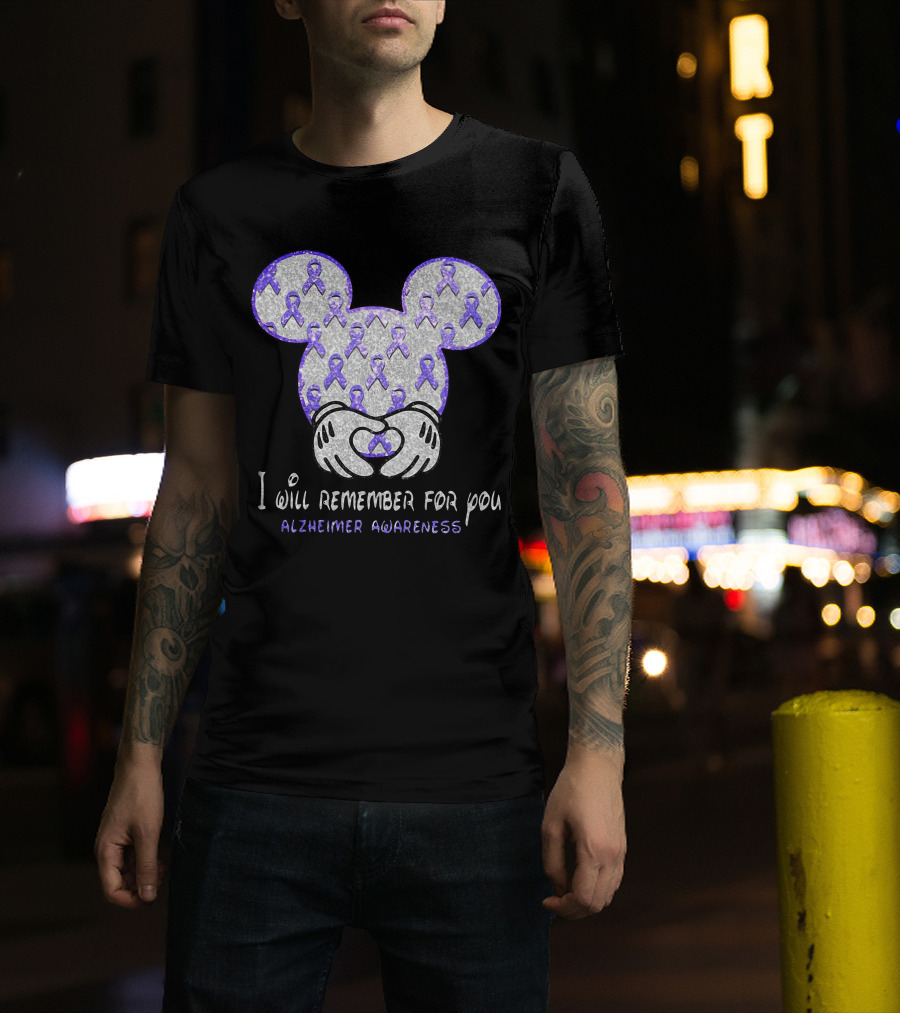 I Will Remember For You Alzheimer Awareness Mickey Pattern With Purple Ribbons T-Shirt