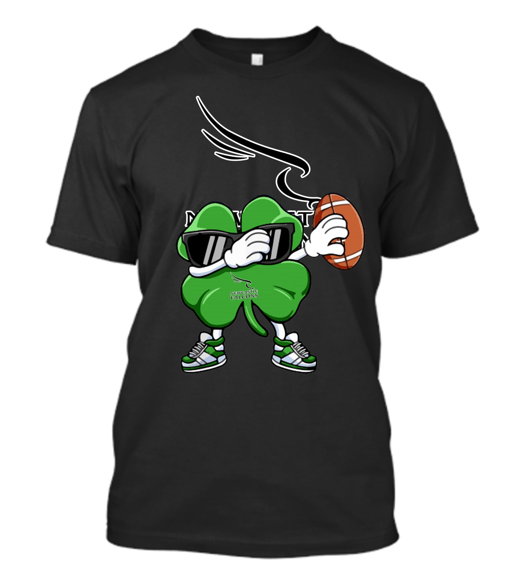 Newcastle Falcons Four Leaf Clover Character Holding Football T-Shirt