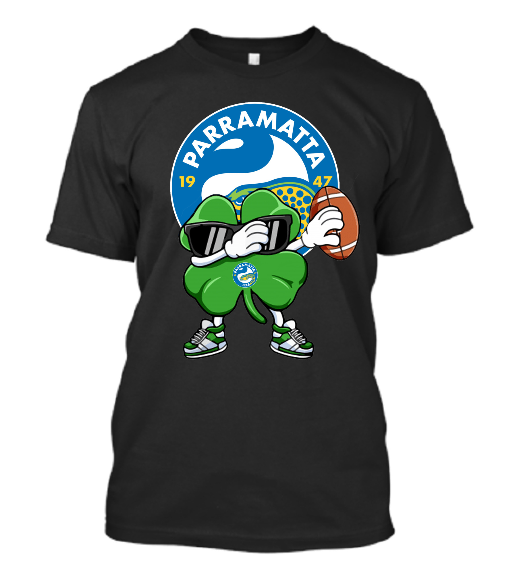 Parramatta Eels 1947 Clover Mascot With Football And Sunglasses T-Shirt