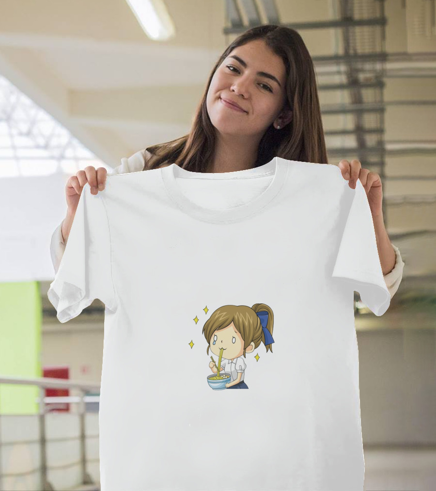 Onlywonderful Anime Girl Eating Ramen With Blue Bow And Sparkles T-Shirt