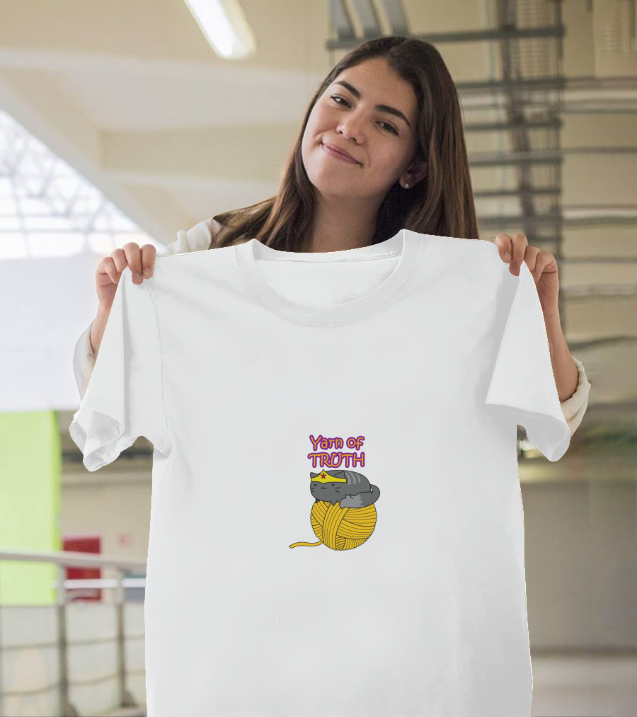 Yarn of Truth Cat on Yellow Ball of Yarn with Wonder Woman Headband T-Shirt