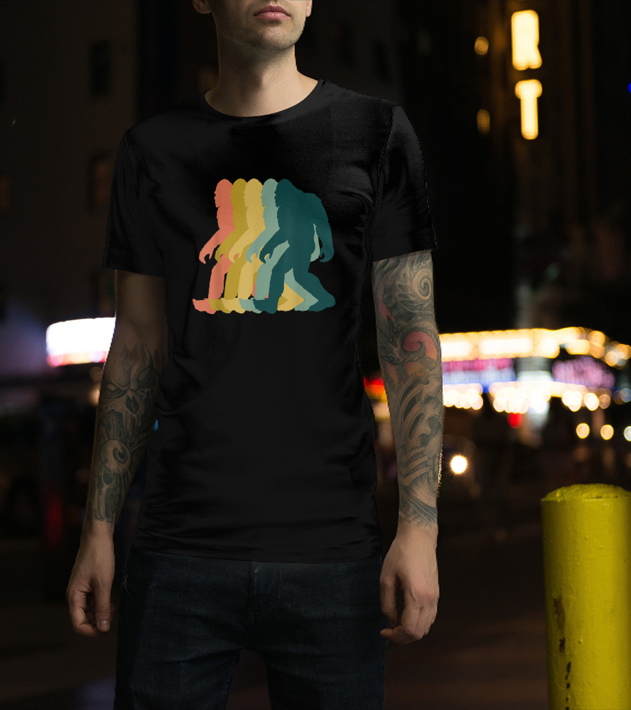 Vintage Retro Rainbow Walking Bigfoot Silhouette 1970s T-Shirt