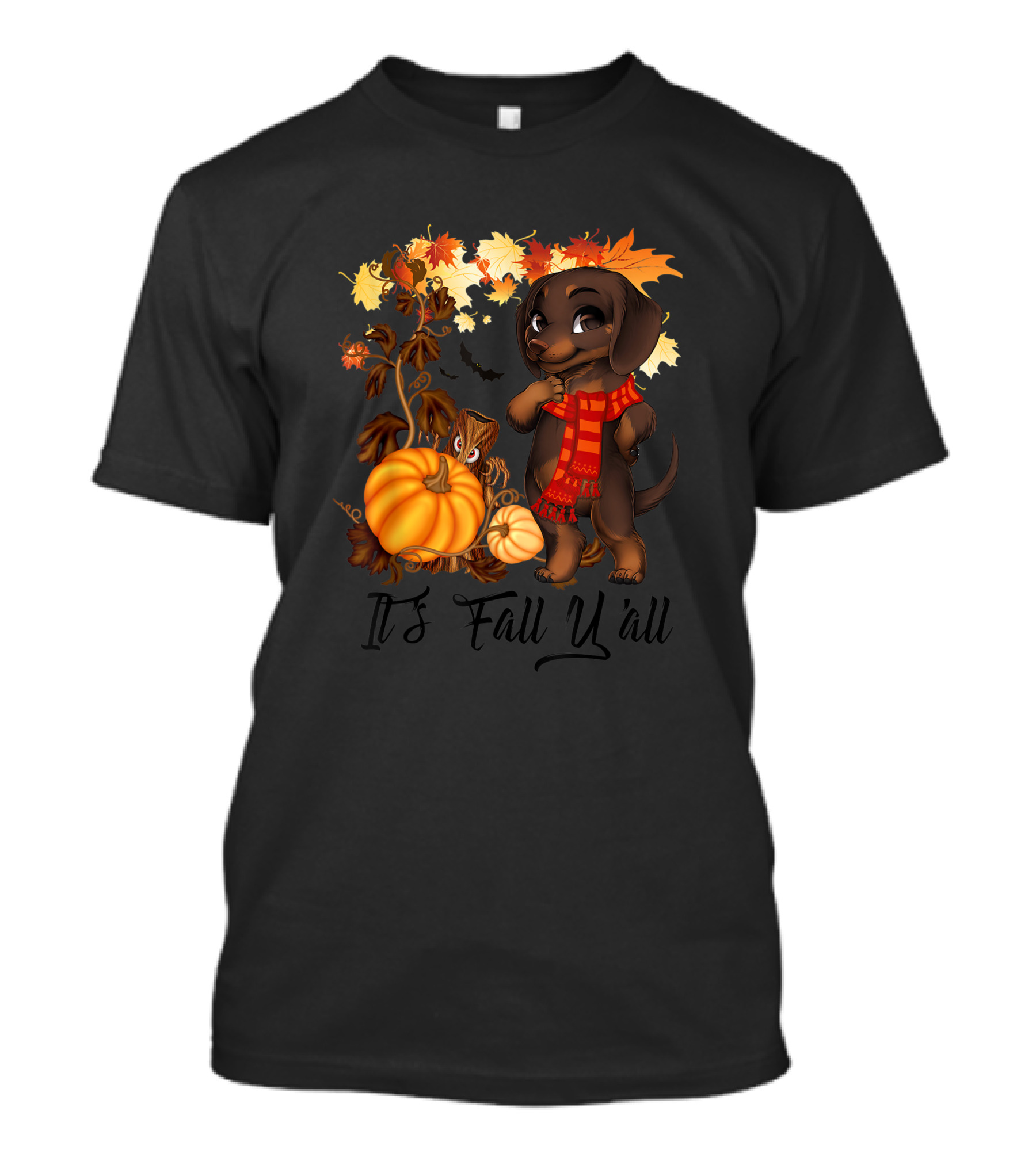 It's Fall Y'all Dachshund With Pumpkins And Autumn Leaves T-Shirt