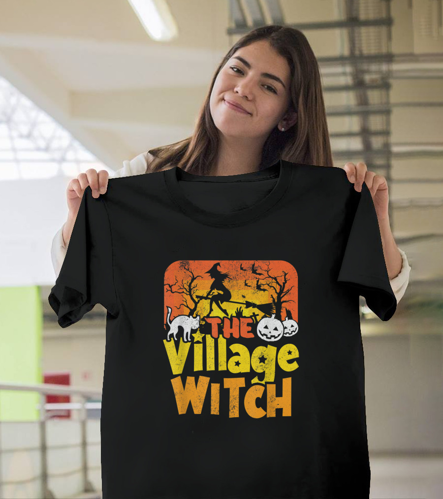 The Village Witch Funny Halloween Witch Pumpkin Cat Moon Scene T-Shirt