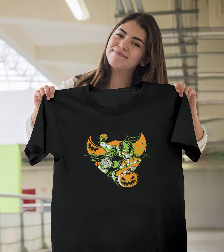 Marvel Green Goblin Pumpkin Bomb Halloween Bats Iconic Villain Orange Web T-Shirt