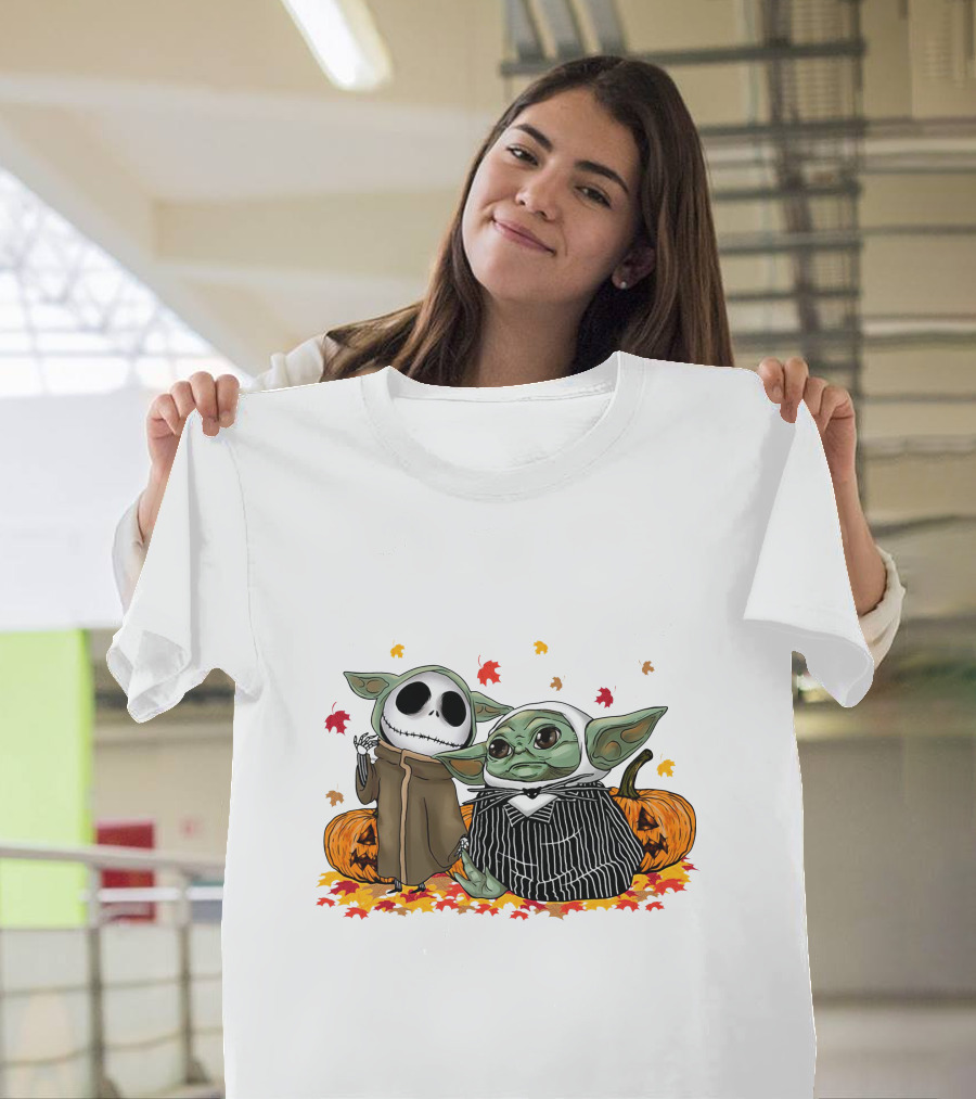 Baby Yoda And Jack Skellington In Halloween Pumpkin Scene T-Shirt