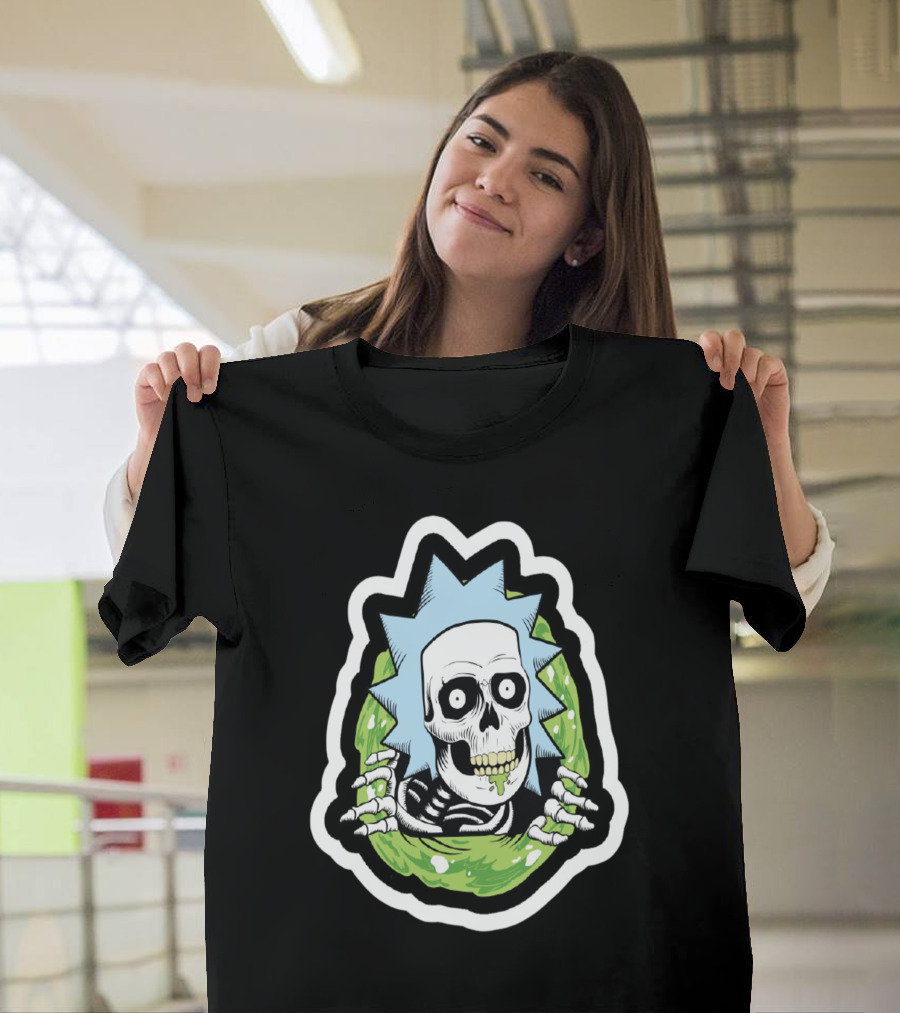 Rick Ripper Skeleton Portal with Spiky Hair and Grinning Skull T-Shirt