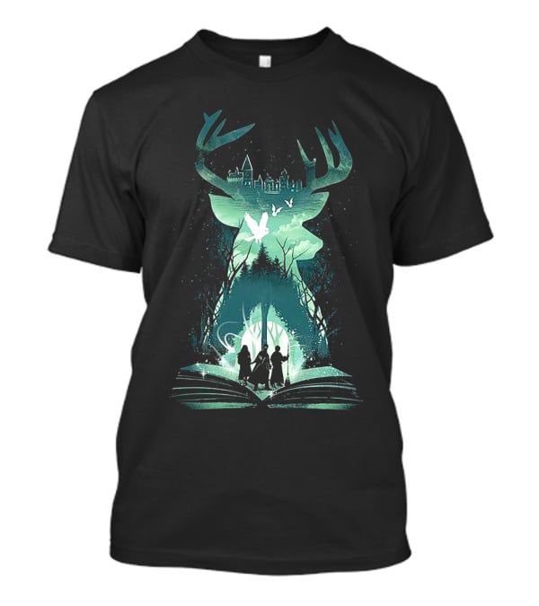 Witchcraft And Wizardry Magical Stag With Castle Silhouette And Book Portal T-Shirt