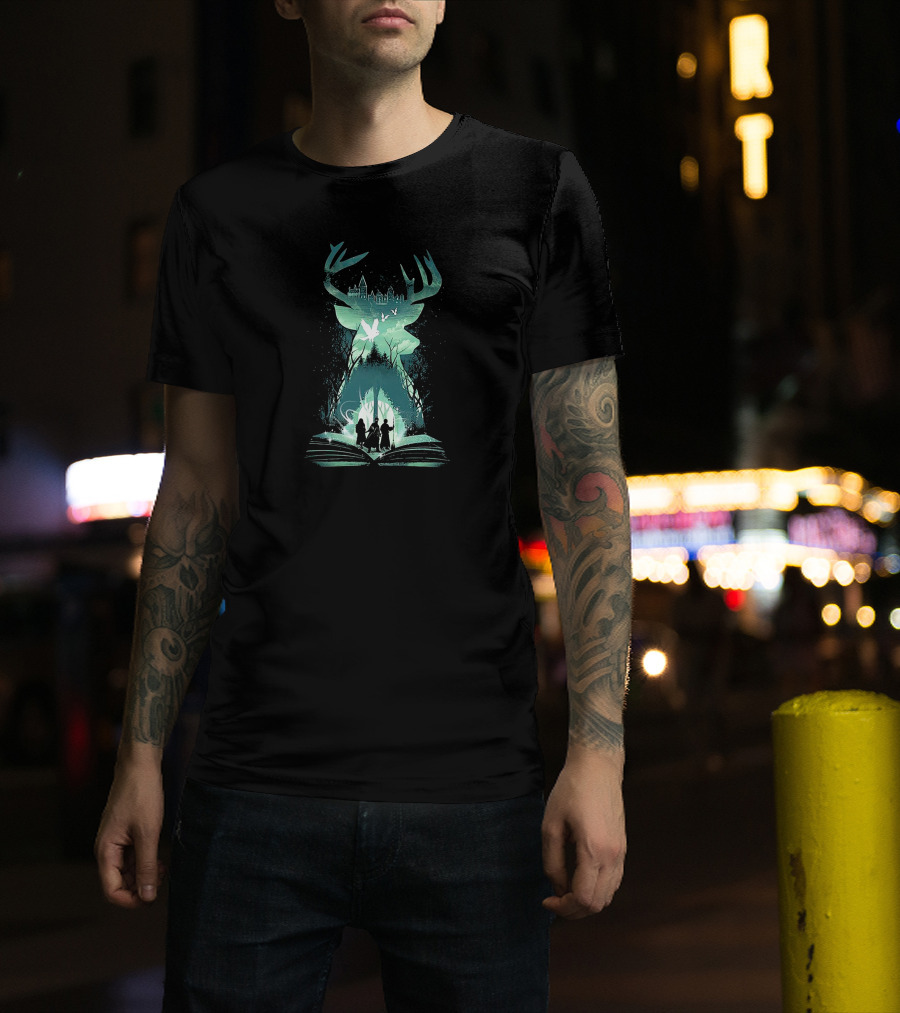 Witchcraft And Wizardry Magical Stag With Castle Silhouette And Book Portal T-Shirt