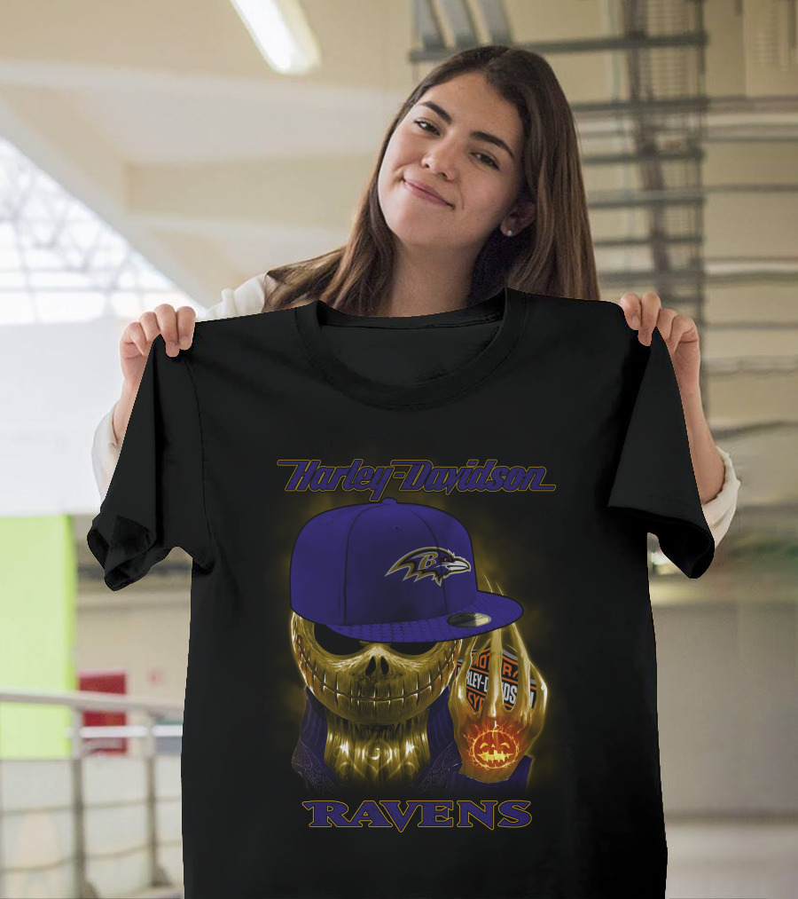 Harley Davidson Ravens Baltimore Skull With Cap T-Shirt