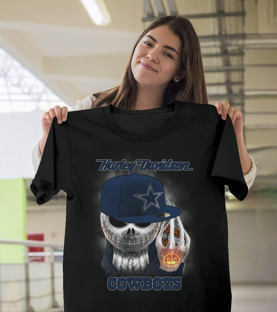 Harley Davidson Cowboys Skull With Dallas Cowboys Cap T-Shirt