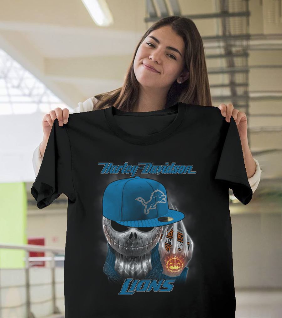 Harley Davidson Detroit Lions Skull With Cap Halloween Pumpkin T-Shirt