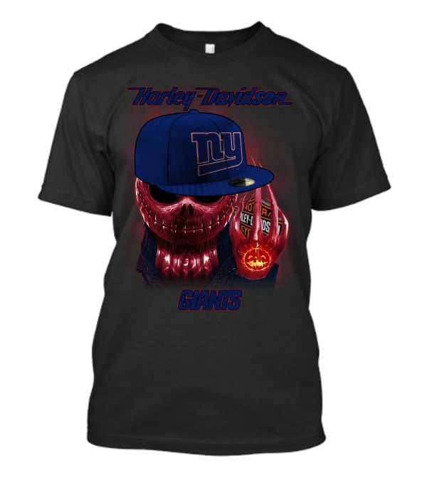 Harley Davidson New York Giants Skull With Cap And Pumpkin Lights T-Shirt