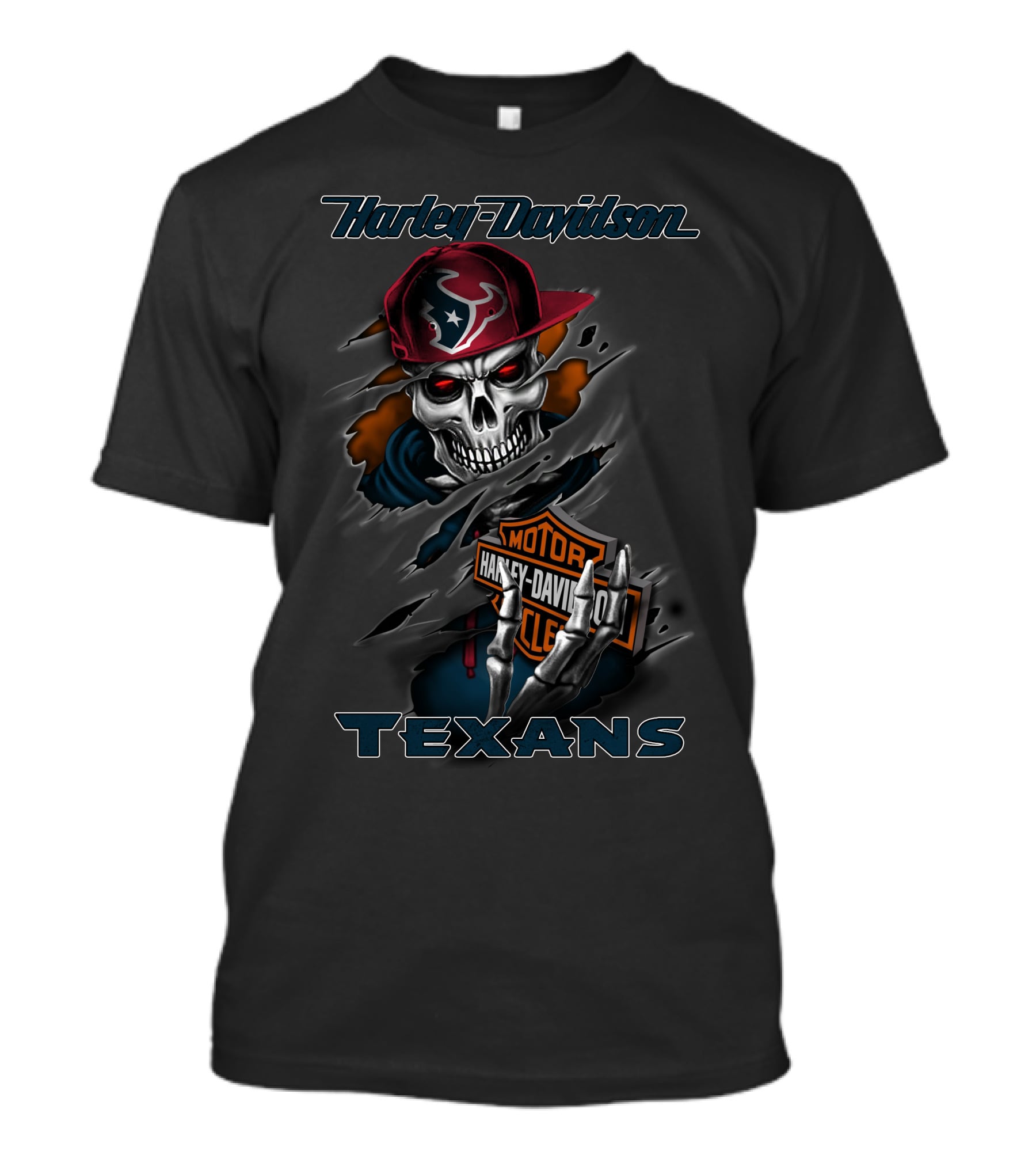 Harley Davidson Texans Skull With Houston Texans Cap T-Shirt