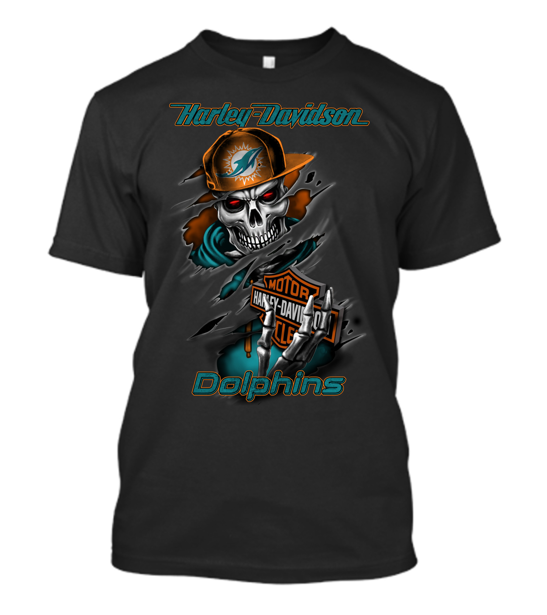 Harley Davidson Dolphins Motorcycle Skeleton With Miami Dolphins Cap T-Shirt