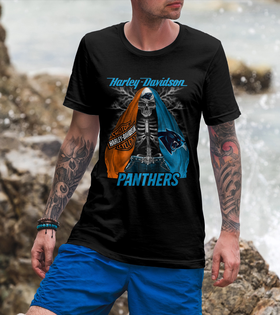 Harley Davidson Motorcycles Skeleton Carolina Panthers T-Shirt