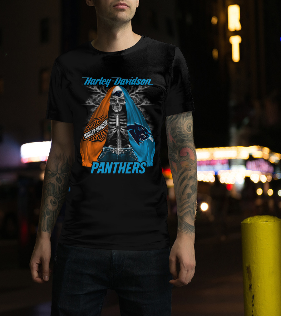 Harley Davidson Motorcycles Skeleton Carolina Panthers T-Shirt