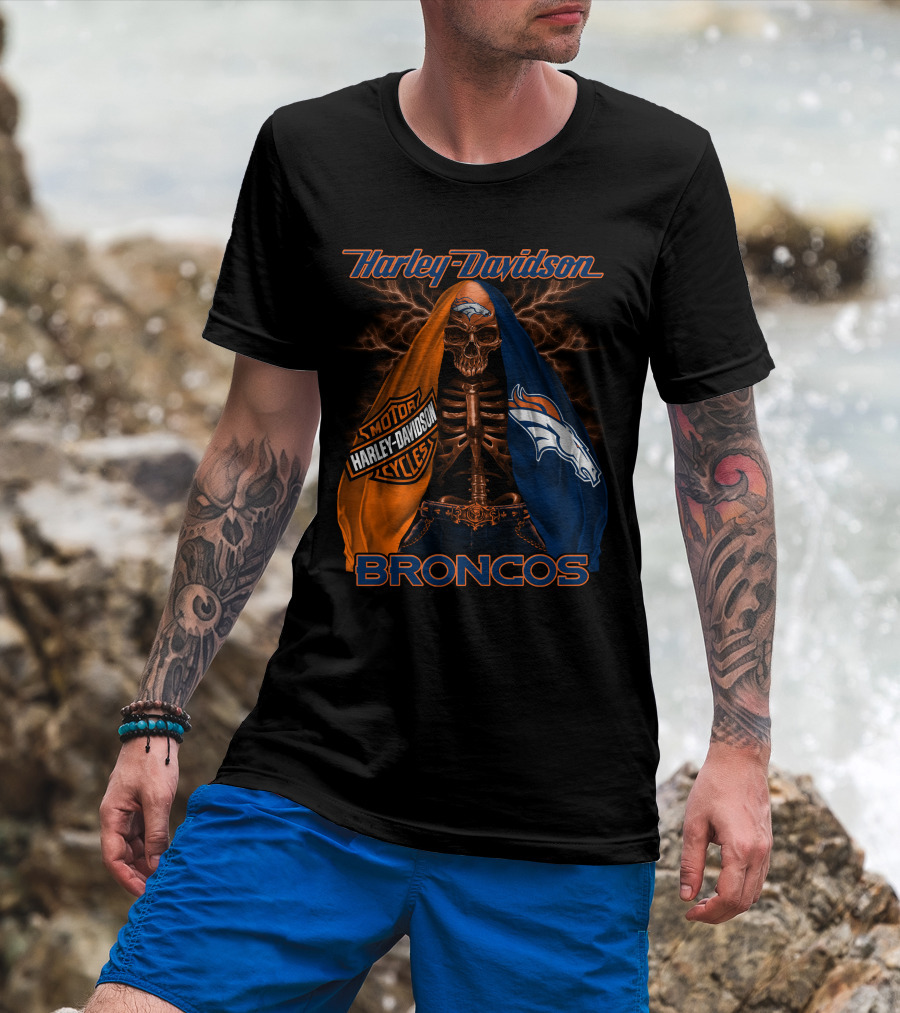 Harley Davidson Denver Broncos Skeleton Motorcycles T-Shirt