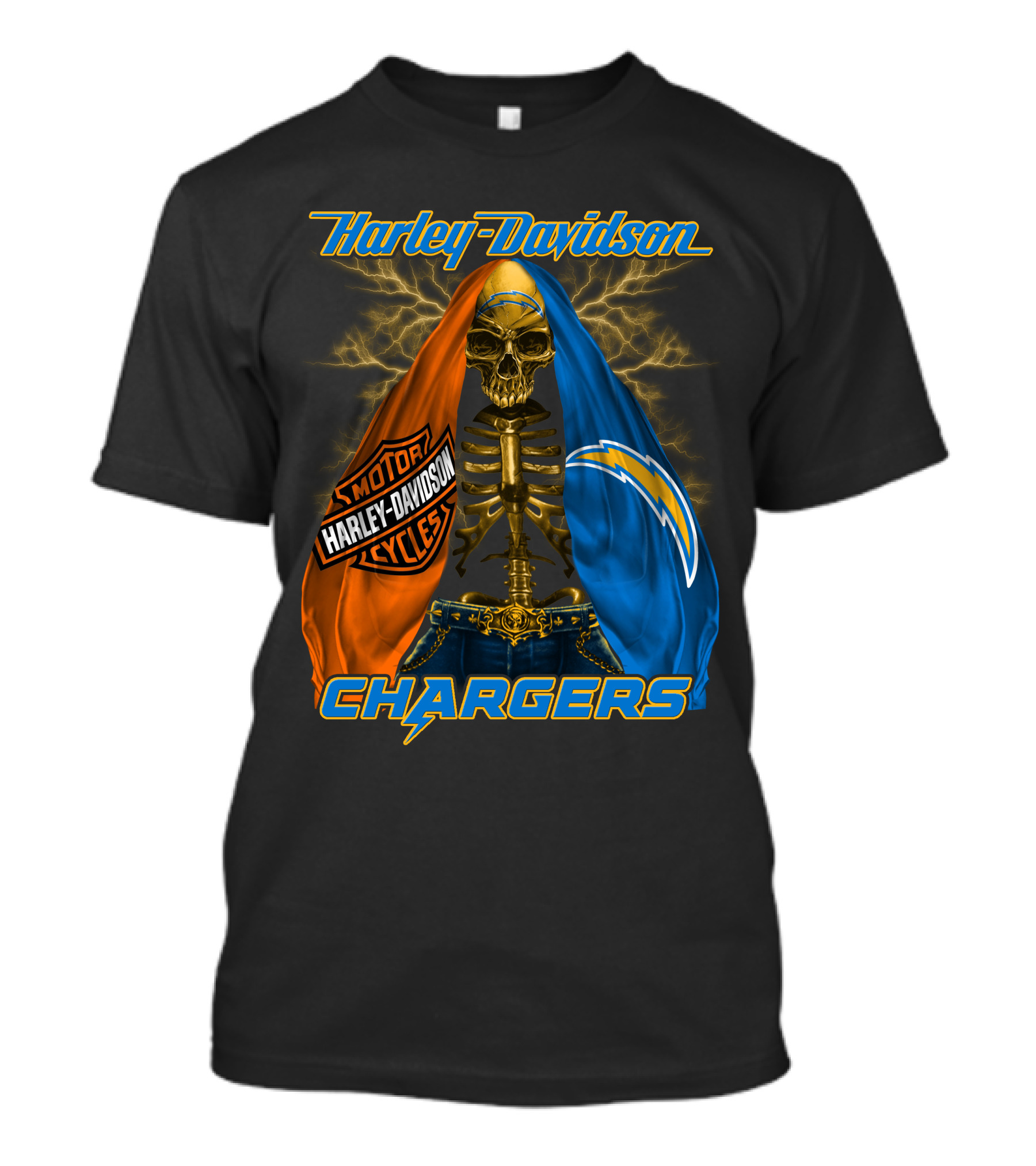 Harley Davidson Los Angeles Chargers Skeleton With Lightning Bolt And Motorcycle T-Shirt