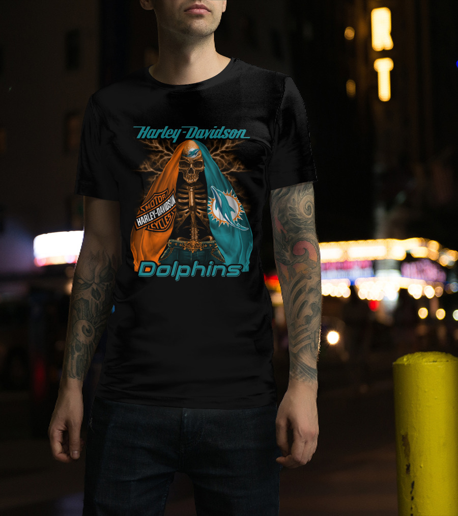 Harley Davidson Miami Dolphins Skeleton Motorcycles T-Shirt