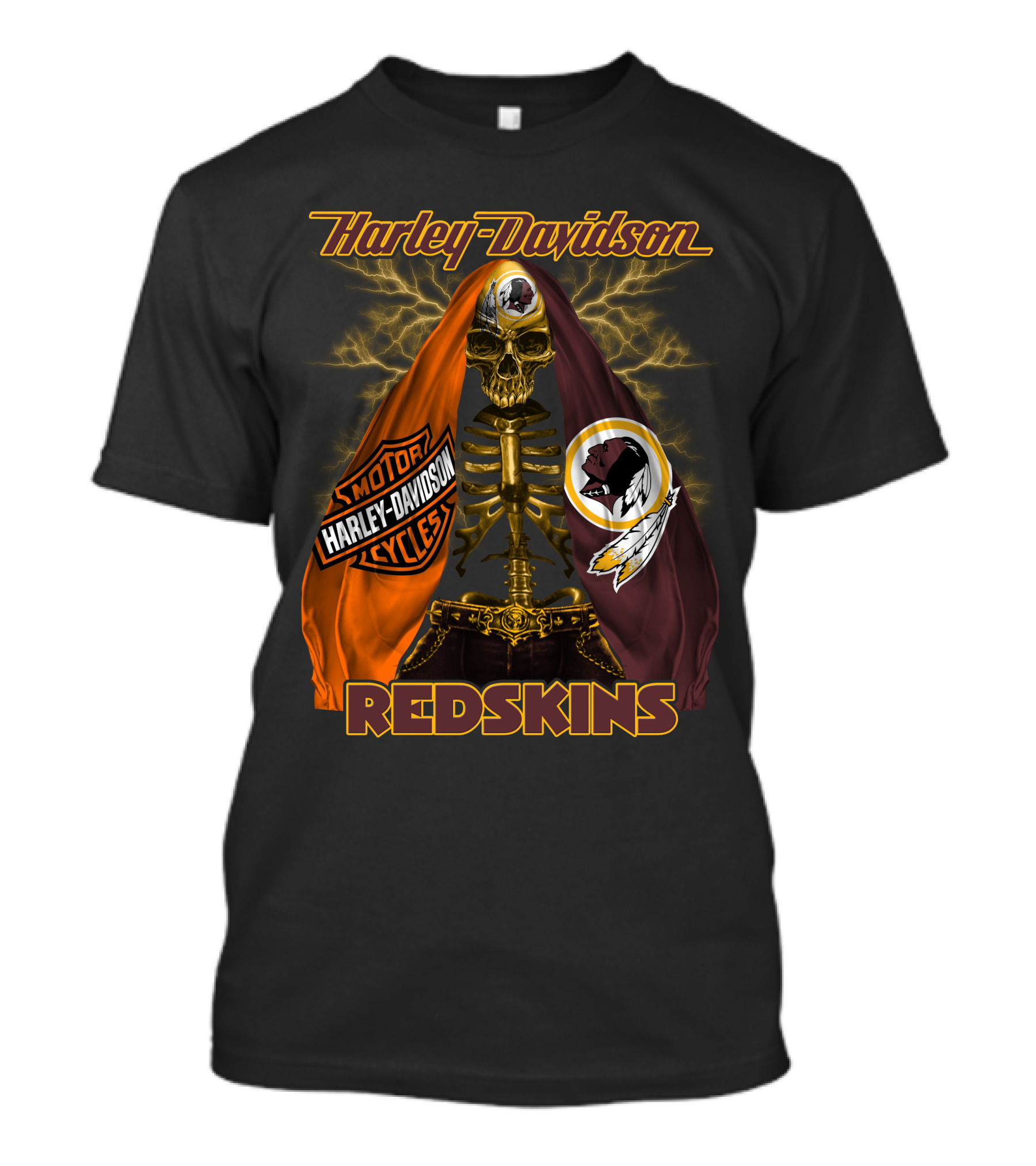 Harley Davidson Redskins Skeleton With Motorcycles And Team Emblems T-Shirt