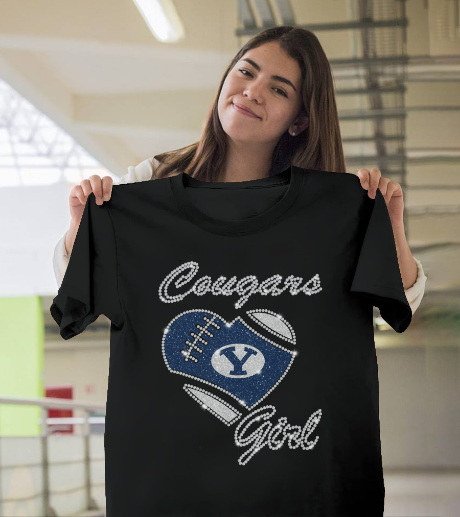 Byu Cougars Girl Football Heart Crystal T-Shirt