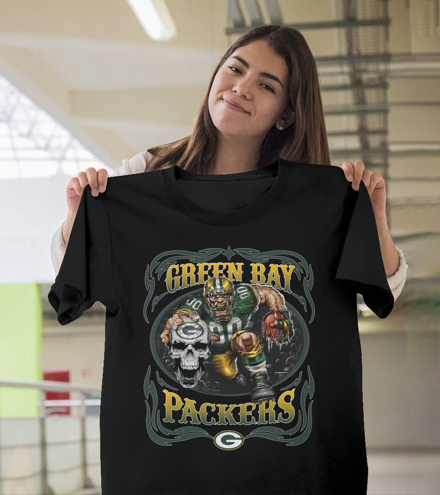 Green Bay Packers Fierce Football Warrior With Skull And Helmet T-Shirt