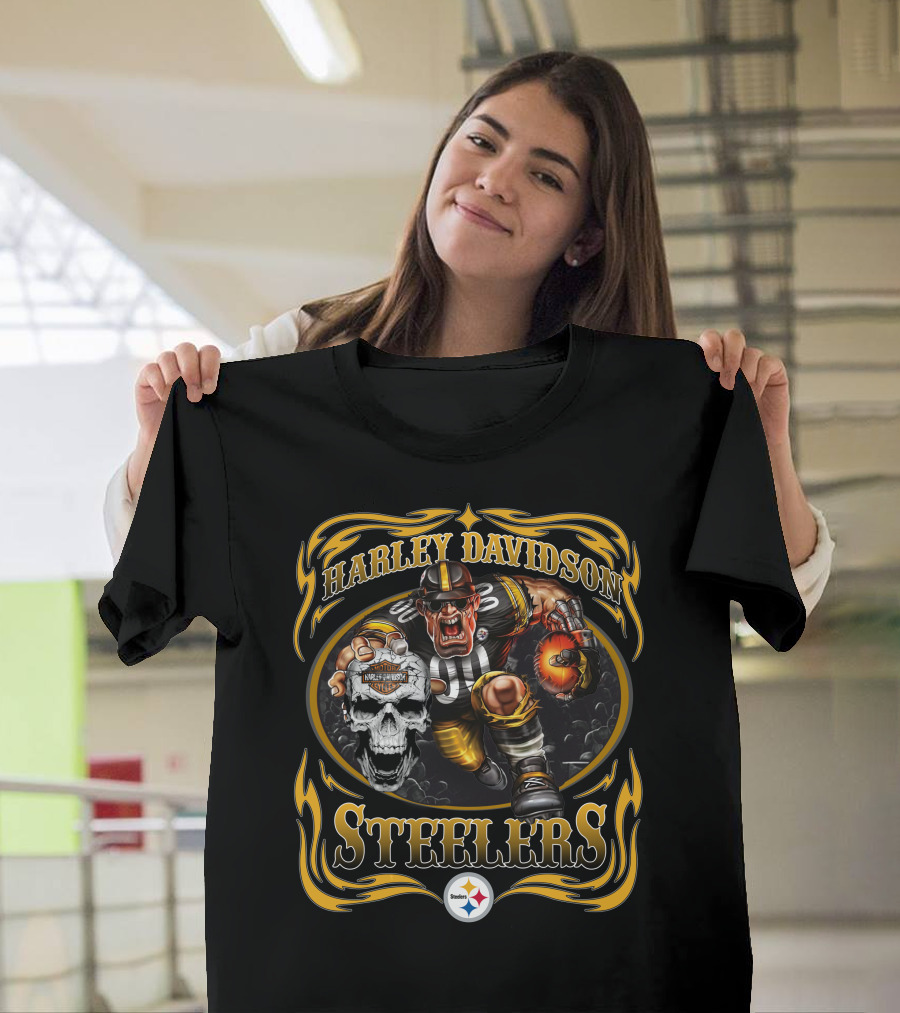 Harley Davidson Pittsburgh Steelers Football Skull Flame T-Shirt