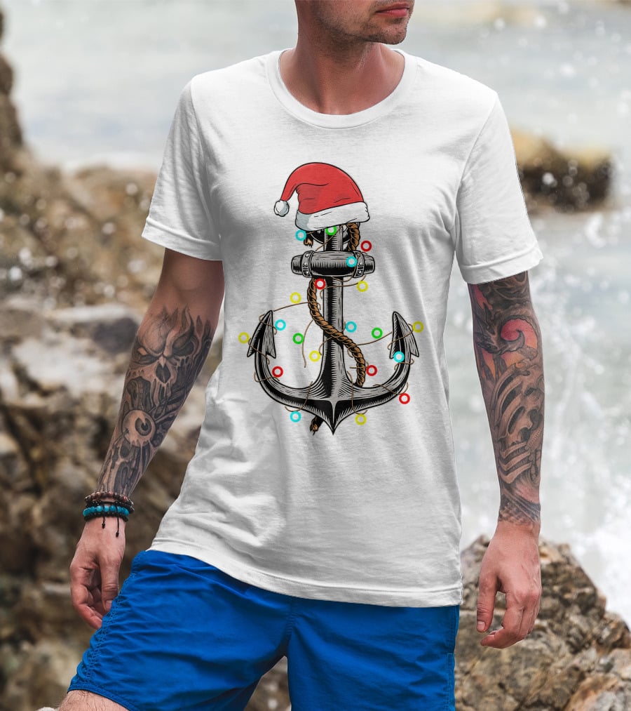 Christmas Lights Santa Hat Anchor Boating Sailing Funny Boat T-Shirt
