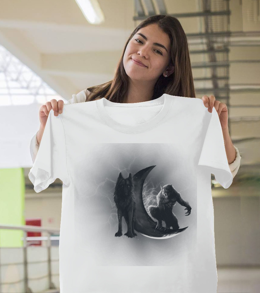 300219 Wolf And Werewolf On Crescent Moon With Lightning T-Shirt