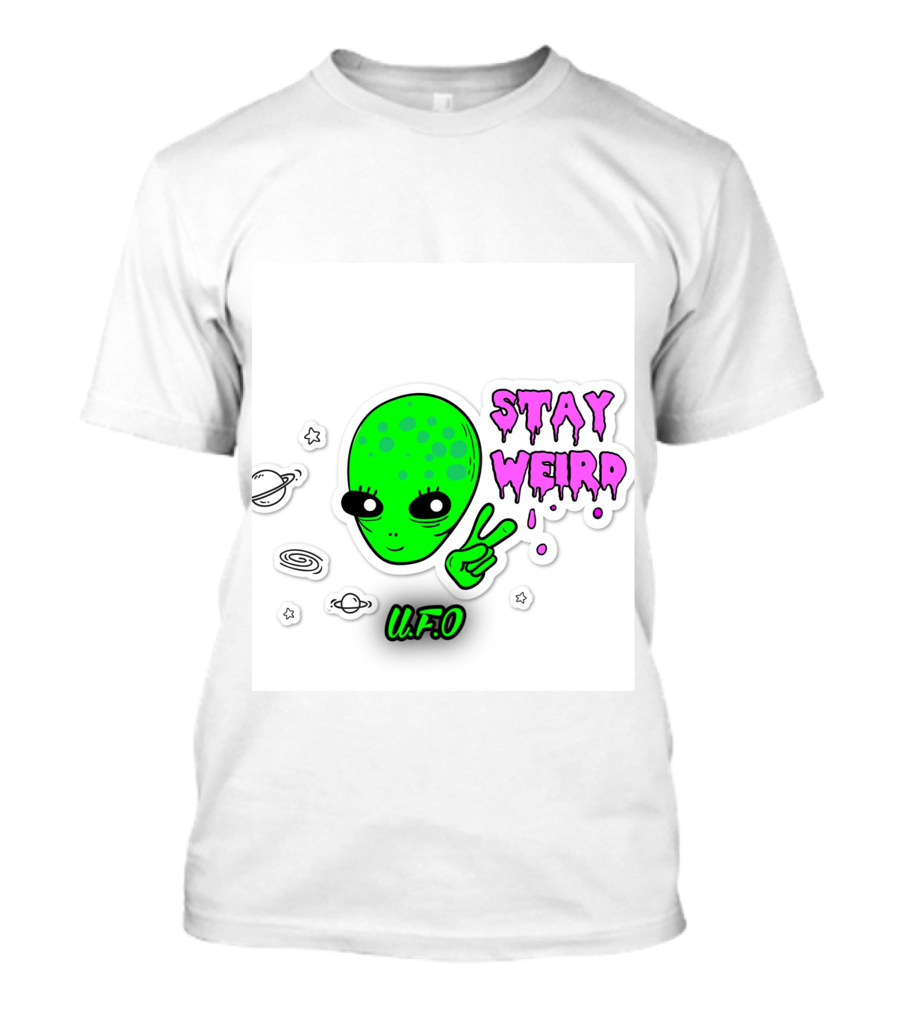 Stay Weird U.F.O. Alien Peace Sign Planet Stickers T-Shirt