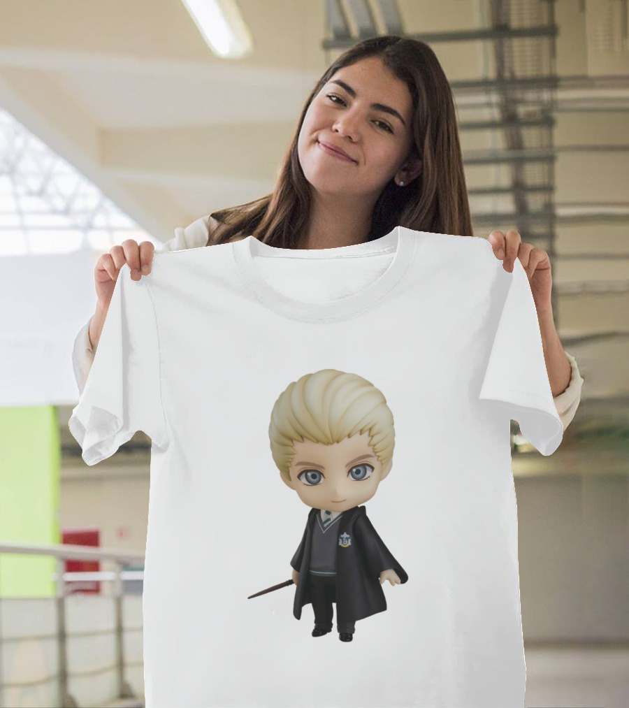 Draco Malfoy Chibi Character in Black Cloak Displaying Wand T-Shirt