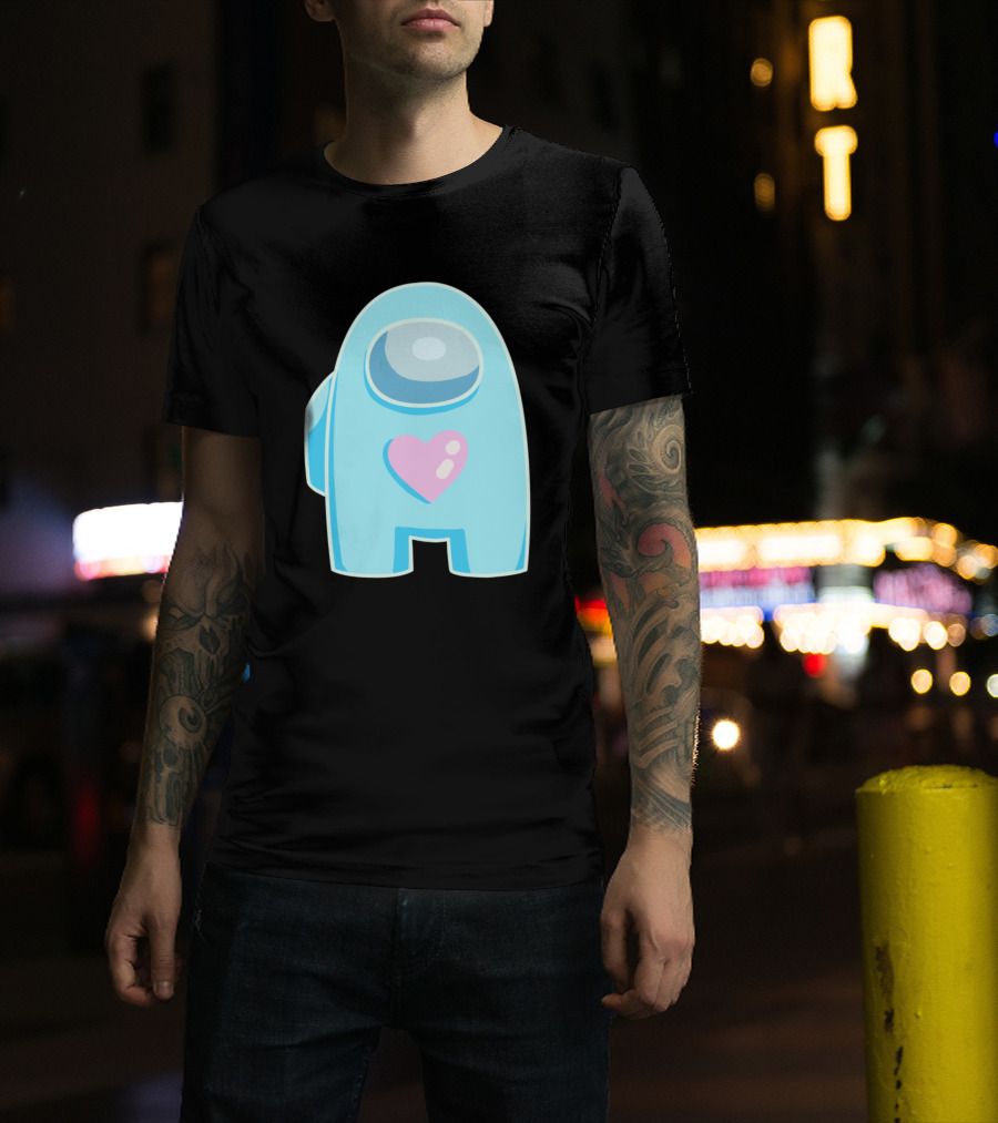 Blue Among Us Crewmate Pink Heart T-Shirt