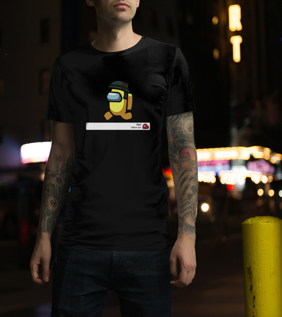 Among Us Yellow Sus Game Character With Helmet And Chat Text T-Shirt