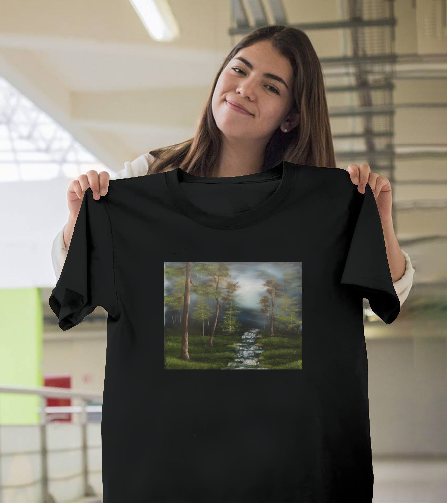 Dark Forest Creek Mysterious Woodland Stream Landscape Scene T-Shirt
