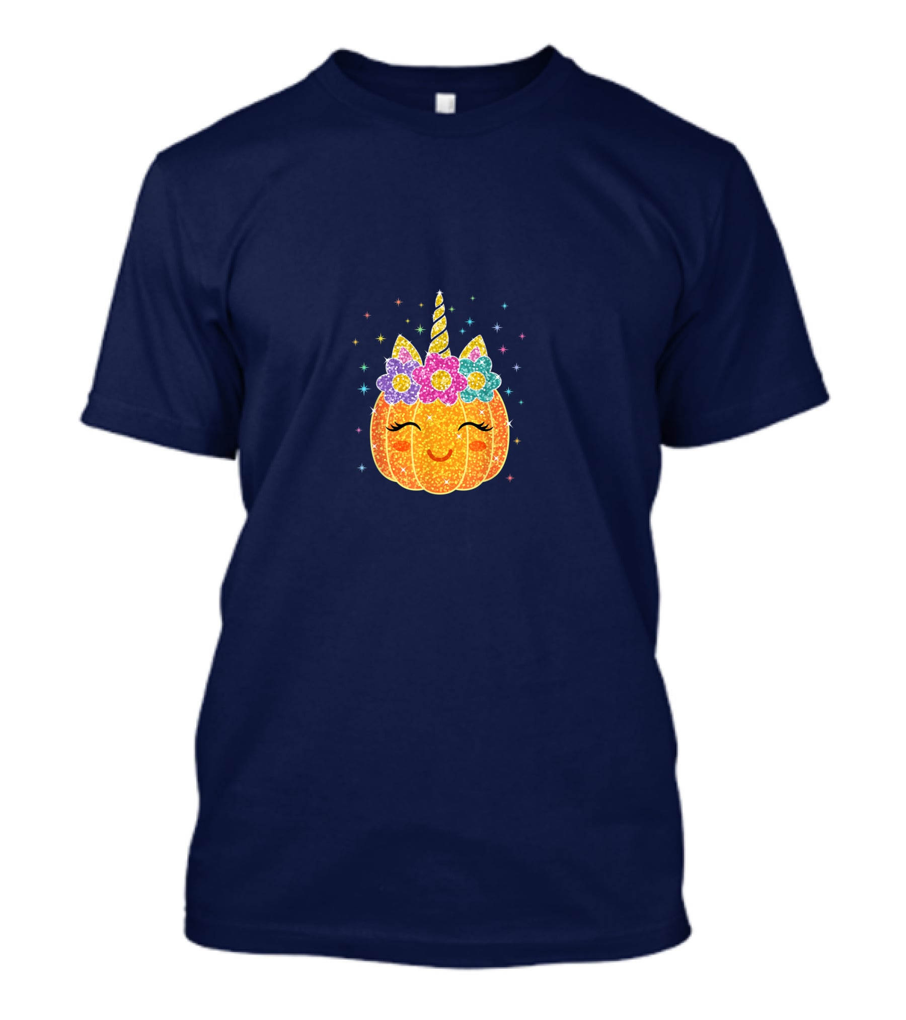 Cute Unicorn Pumpkin With Glittery Sparkling Flowers And Stars T-Shirt