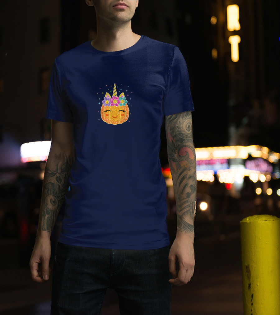 Cute Unicorn Pumpkin With Glittery Sparkling Flowers And Stars T-Shirt