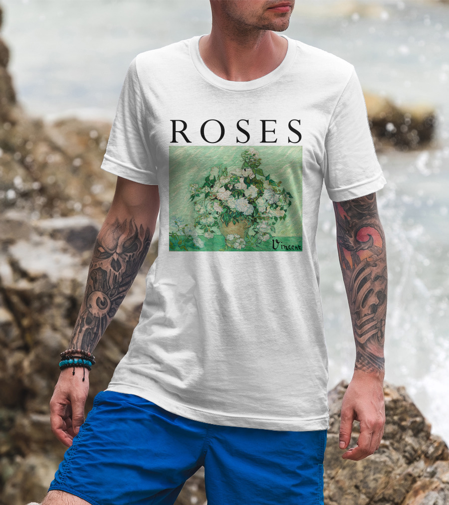 ROSES Vincent Van Gogh Green Floral Painting T-Shirt